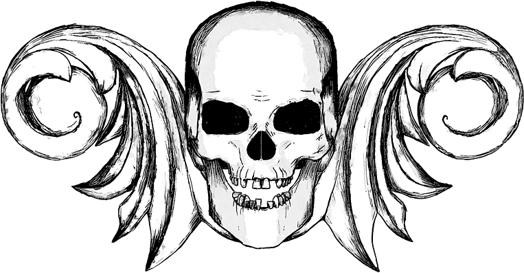 A Black And White Illustration Of A Human Skull Ornament - Illustration (800x501), Png Download