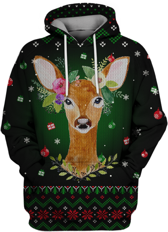 3d Deer With Flower Crown Full Print T Shirt - Sweatshirt (800x799), Png Download