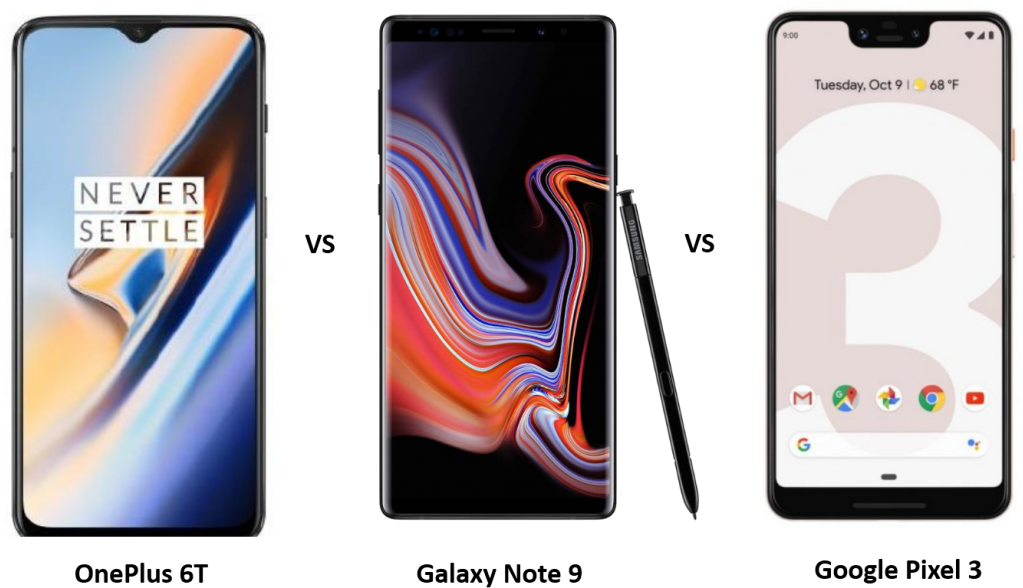 Oneplus 6t Vs Galaxy Note 9 Vs Google Pixel - One Plus 6t Vs Note 9 (1024x607), Png Download