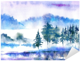 Landscape With Fog, Lake And Forest - Watercolor Painting (400x400), Png Download