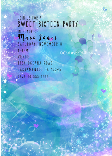 Watercolor Mermaid Fantasy Birthday Party Invitations - Birthday Party Invitations Blue (500x500), Png Download