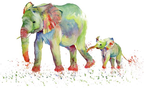 Bleed Area May Not Be Visible - Elephant Family Watercolor (600x366), Png Download