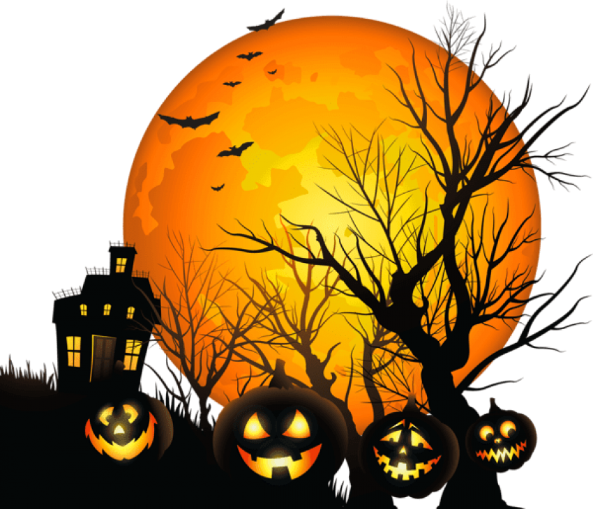 Large Haunted House And Moon Png Clipart - Halloween Png (600x515), Png Download