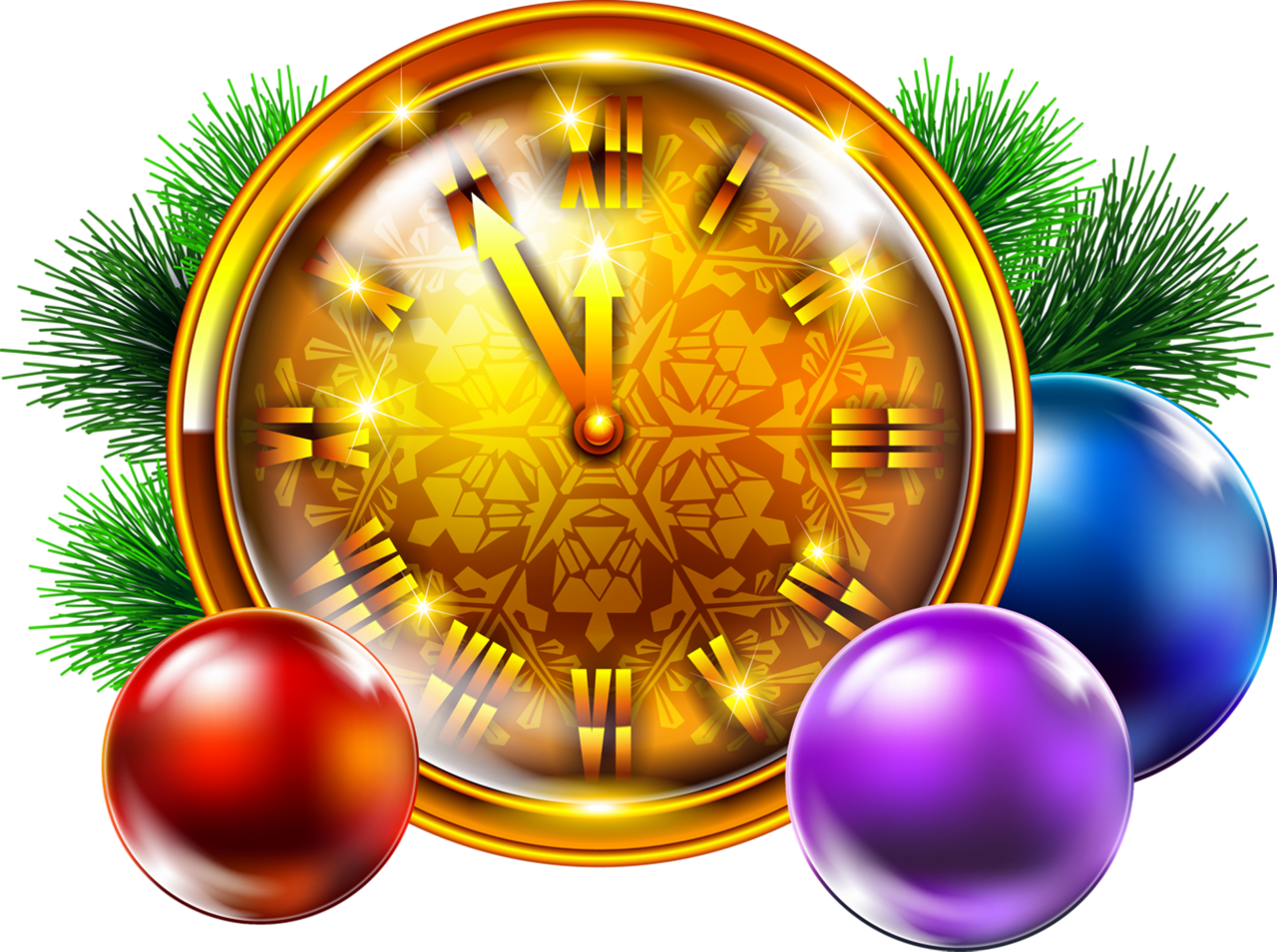 Transparent Golden Christmas Clock With Decoration - Christmas Clock Png (1280x955), Png Download
