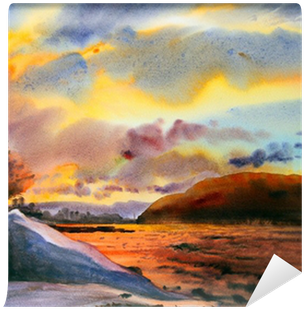 Mountain Landscape Painted By Watercolor Wall Mural - Aquarelle Peinture Paysage Montagne Dessin (400x400), Png Download