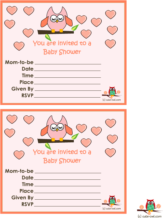 Pink Owl And Hearts Girl Baby Shower Invitations - Greeting Card (612x756), Png Download