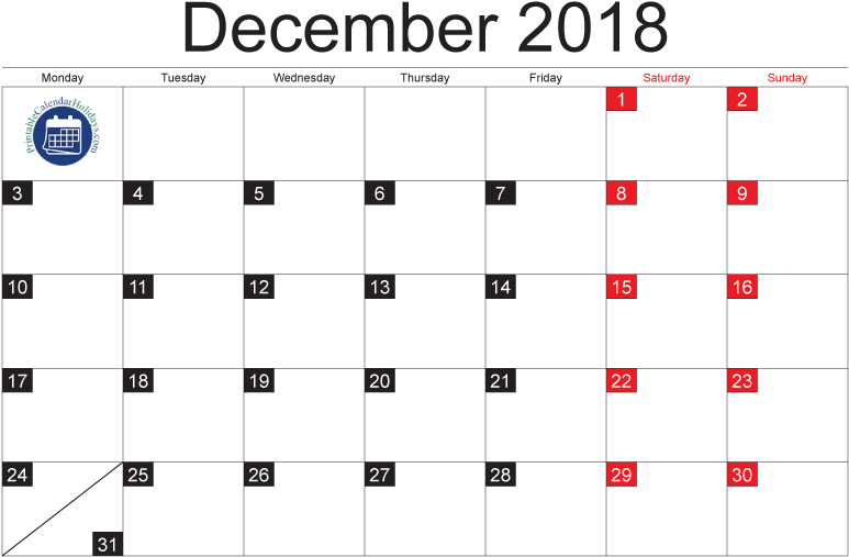 December 2018 Monthly Calendar In Pdf Jpg Printable - Number (842x595), Png Download
