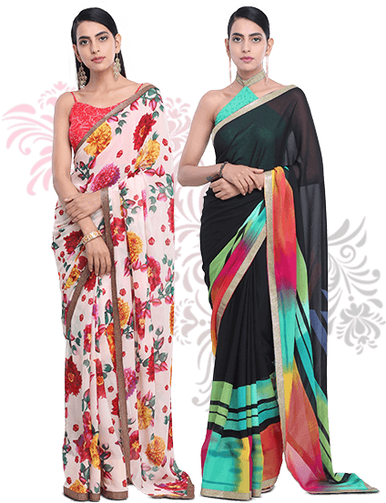 Agnisie Pack Of 2 Designer Printed Sarees With 3 Blouses - Silk (595x586), Png Download