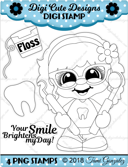 Hygienist Cutie Digi Stamp-dentist, Mirror, Pick, Tooth, - Line Art (600x600), Png Download