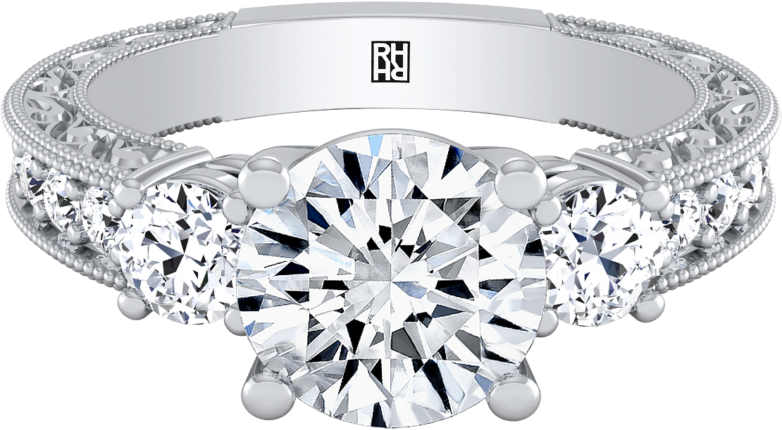 Diamond 3-stone Engagement Ring With Scroll Work Gallery - Engagement Ring (1400x1400), Png Download