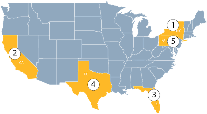 Top 5 States For Web Related Ada Federal Lawsuits - Colored Blank Us Map (800x445), Png Download