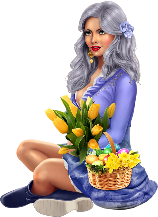Tube Femme Pâques - Fille Avec Une Fleure (510x700), Png Download