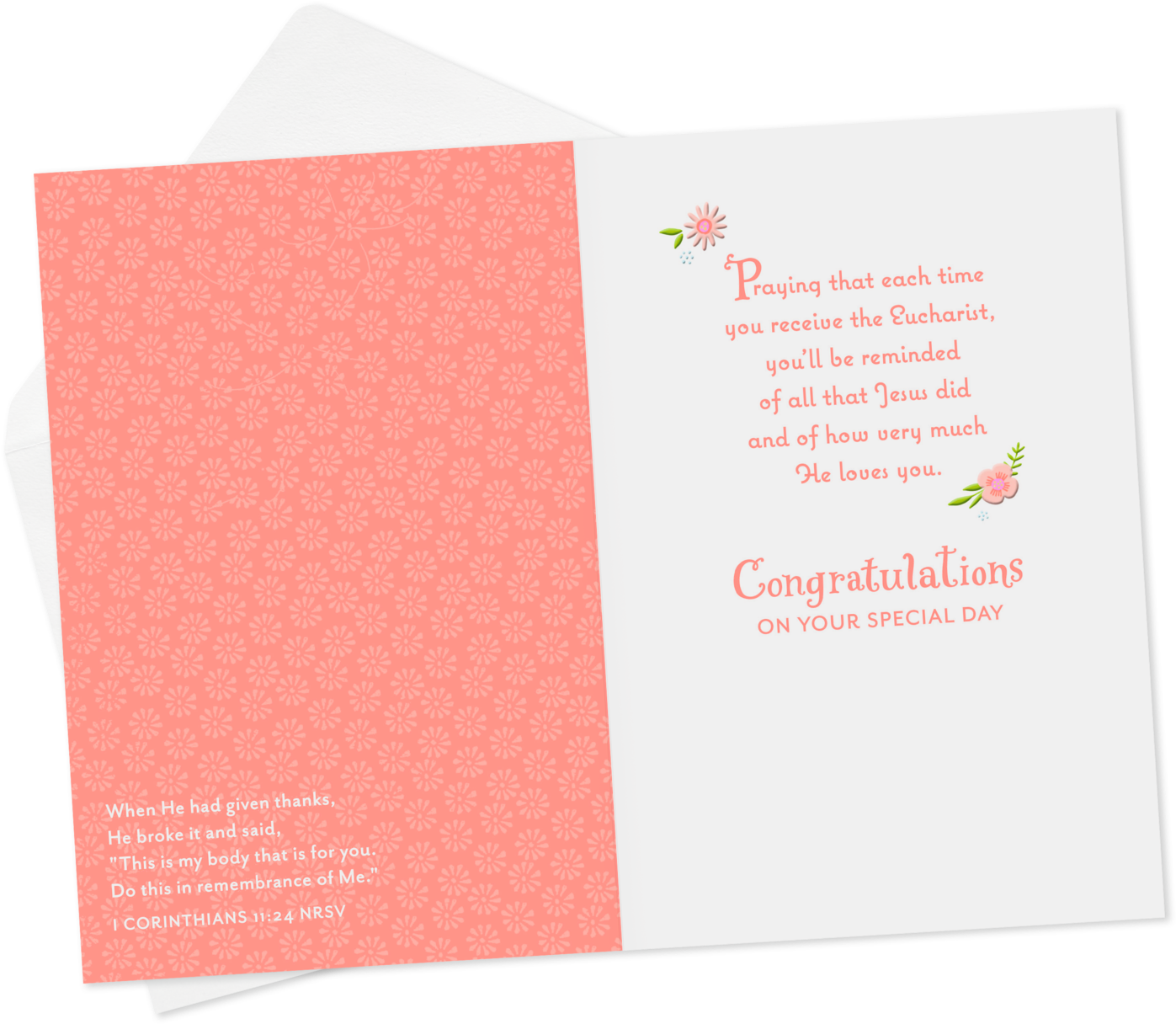 Gold Cross And Pink Flower Wreath First Communion Card - Greeting Card (1470x1470), Png Download