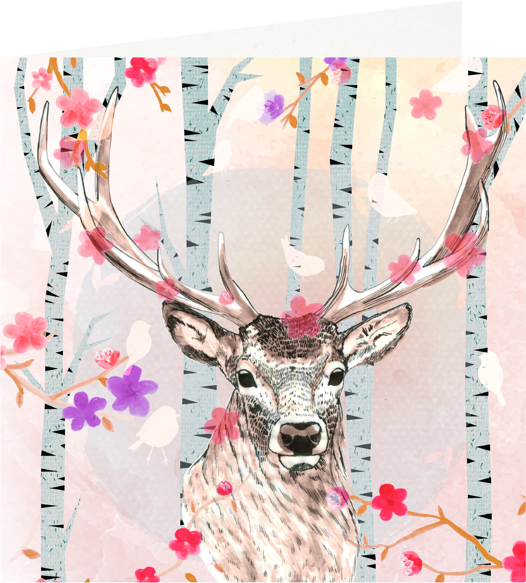 Double Postcard Cm With Deer And Birch Trees - Reindeer (2480x2480), Png Download