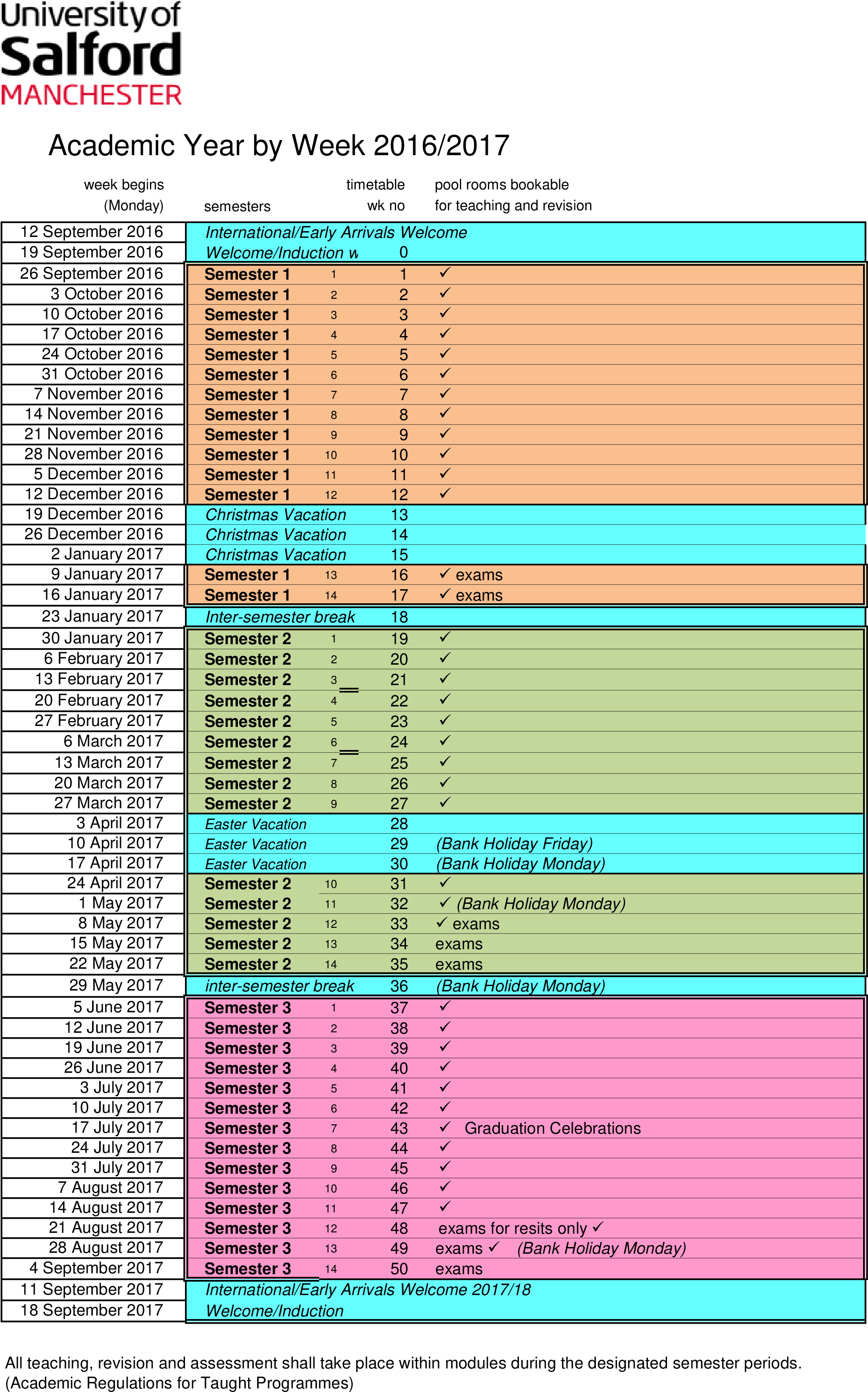 Academic Weekly Calendar - University Of Salford (2480x3507), Png Download