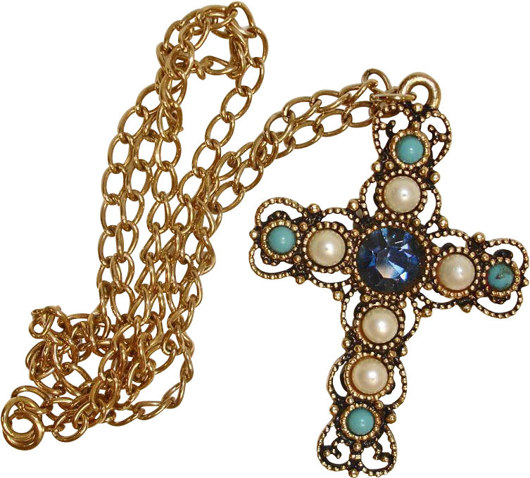 Vintage Emmons Jeweled Cross Pendant And Chain Necklace - Chain (752x752), Png Download
