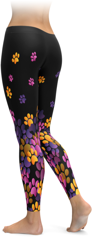 Pink, Purple, & Orange Paw Print Leggings - Leggings (740x896), Png Download