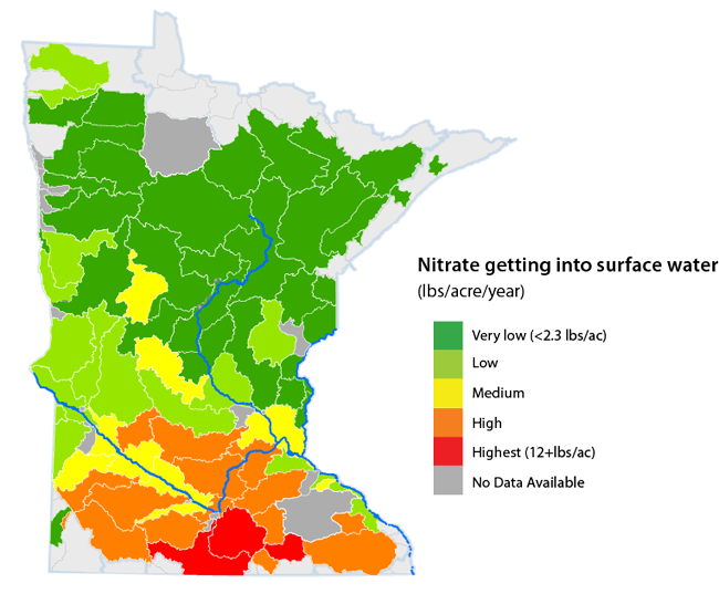 Minnesota Map Showing Pounds Per Acre Per Year Of Nitrate - Minnesota Water Quality Map (650x537), Png Download