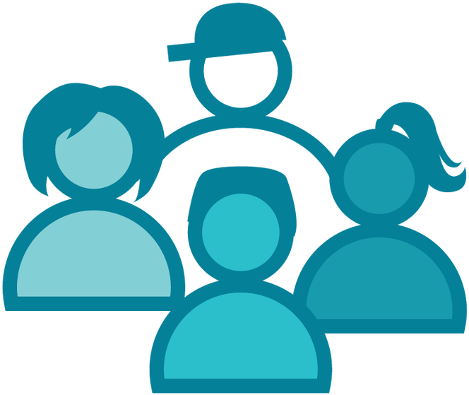 Blue Illustrated Icon Showing Four Individuals Of Varying - Illustration (1067x800), Png Download