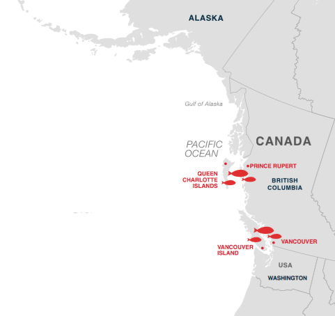 Harvested In The Waters Off The West Coast Of Canada, - Map (481x454), Png Download