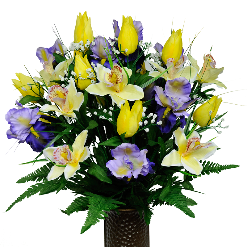 Yellow Tulip & Orchids With Purple Iris Mix - Blue Flower Arrangements For Cemeteries (800x800), Png Download