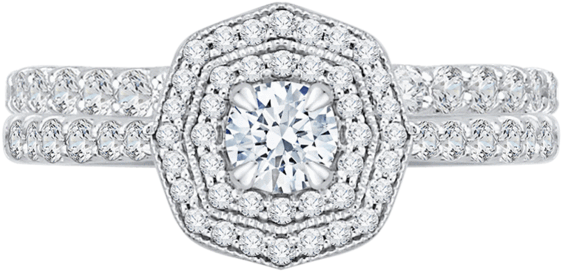 14k White Gold Round Cut Diamond Octagon Shape Double - Engagement Ring (740x740), Png Download