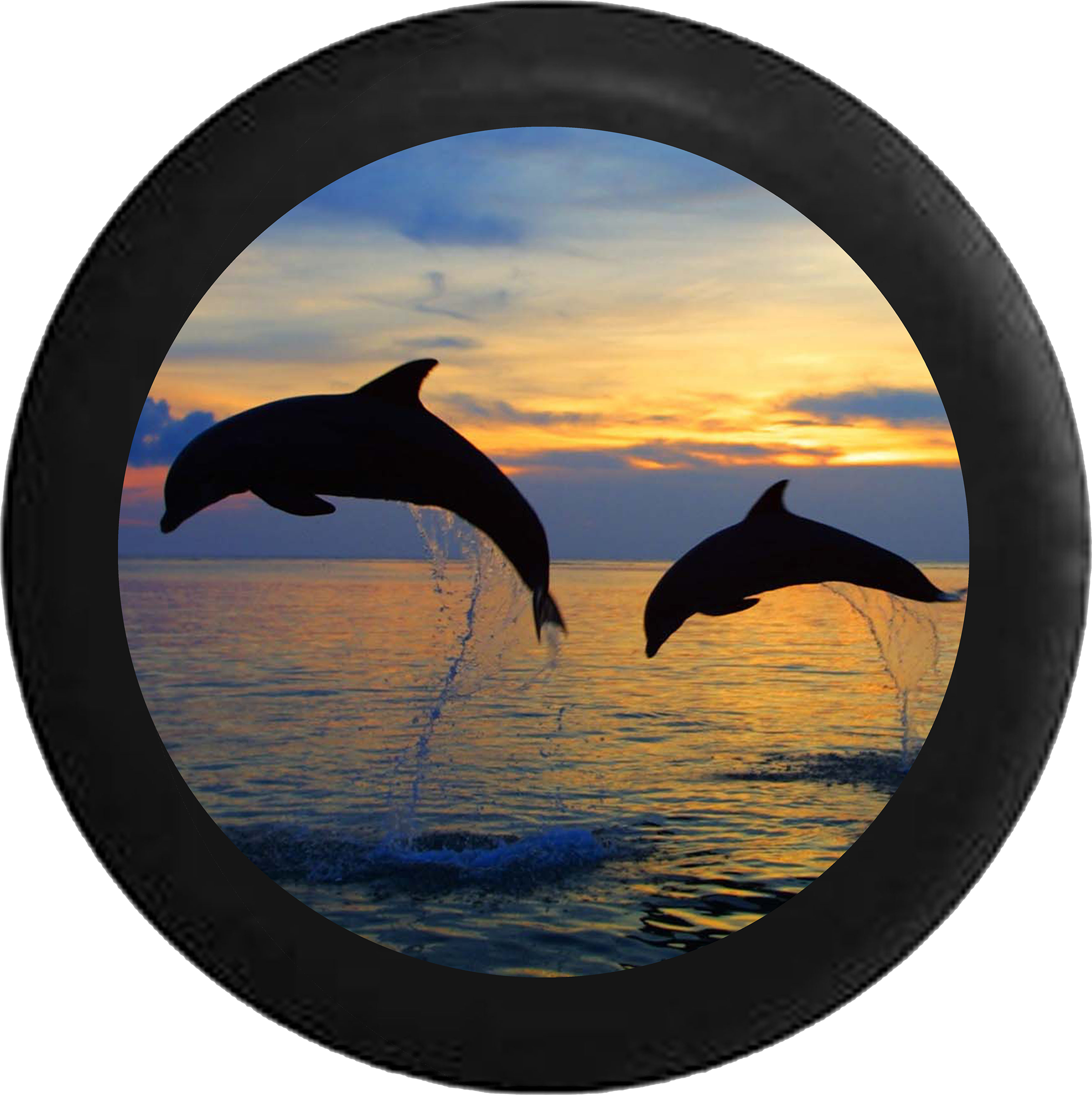 Two Dolphins Jumping Sunset Sunrise Behind Sky Rv Camper - Dolphins Jumping Out Of The Water Making (2200x2206), Png Download