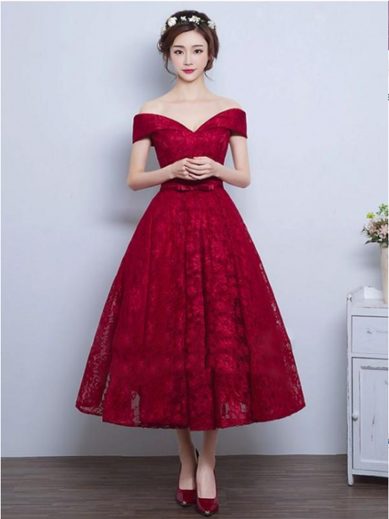 Custom Made Prom Dresses, Burgundy Prom Dresses, Prom - Tea Length Burgundy Bridesmaid Dresses (750x750), Png Download