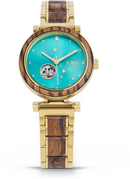 Gold & Turquoise Wood Watch For Women - Analog Watch (590x750), Png Download