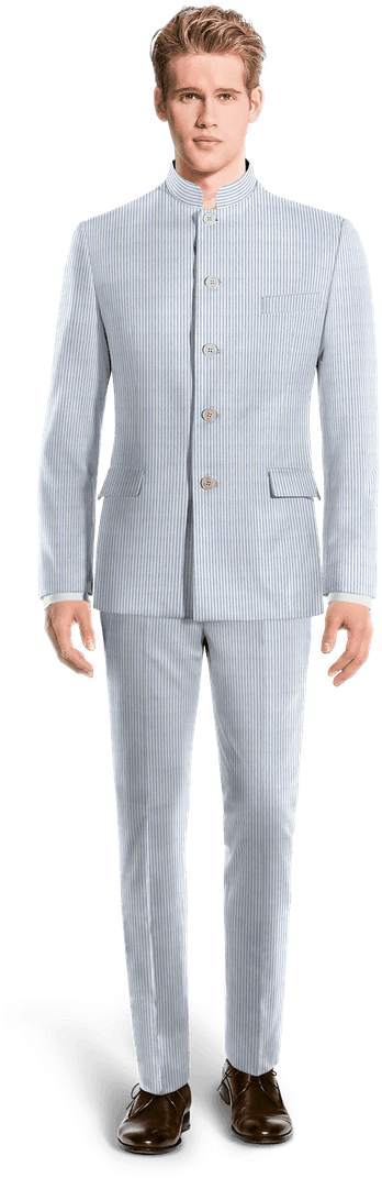 Blue Mao Striped Seersucker Suit-view Front - Double Breasted Tweed Suit (400x1089), Png Download