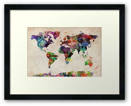 "world Map Urban Watercolor" Framed Prints By Michael - Great Big Canvas World Maps By Michael Tompsett Gallery (550x447), Png Download