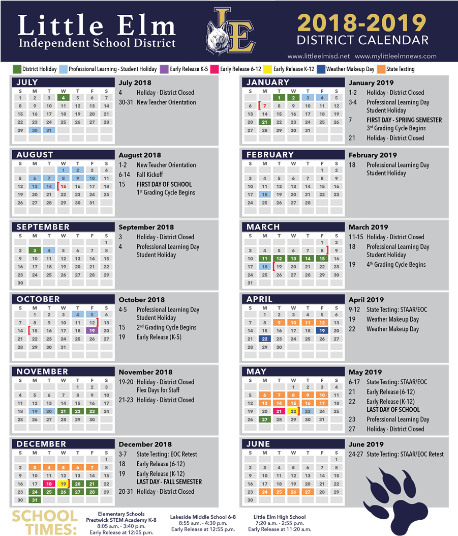 Click To View Calendar Pdf - Little Elm Isd Calendar 2018 19 (900x1165), Png Download