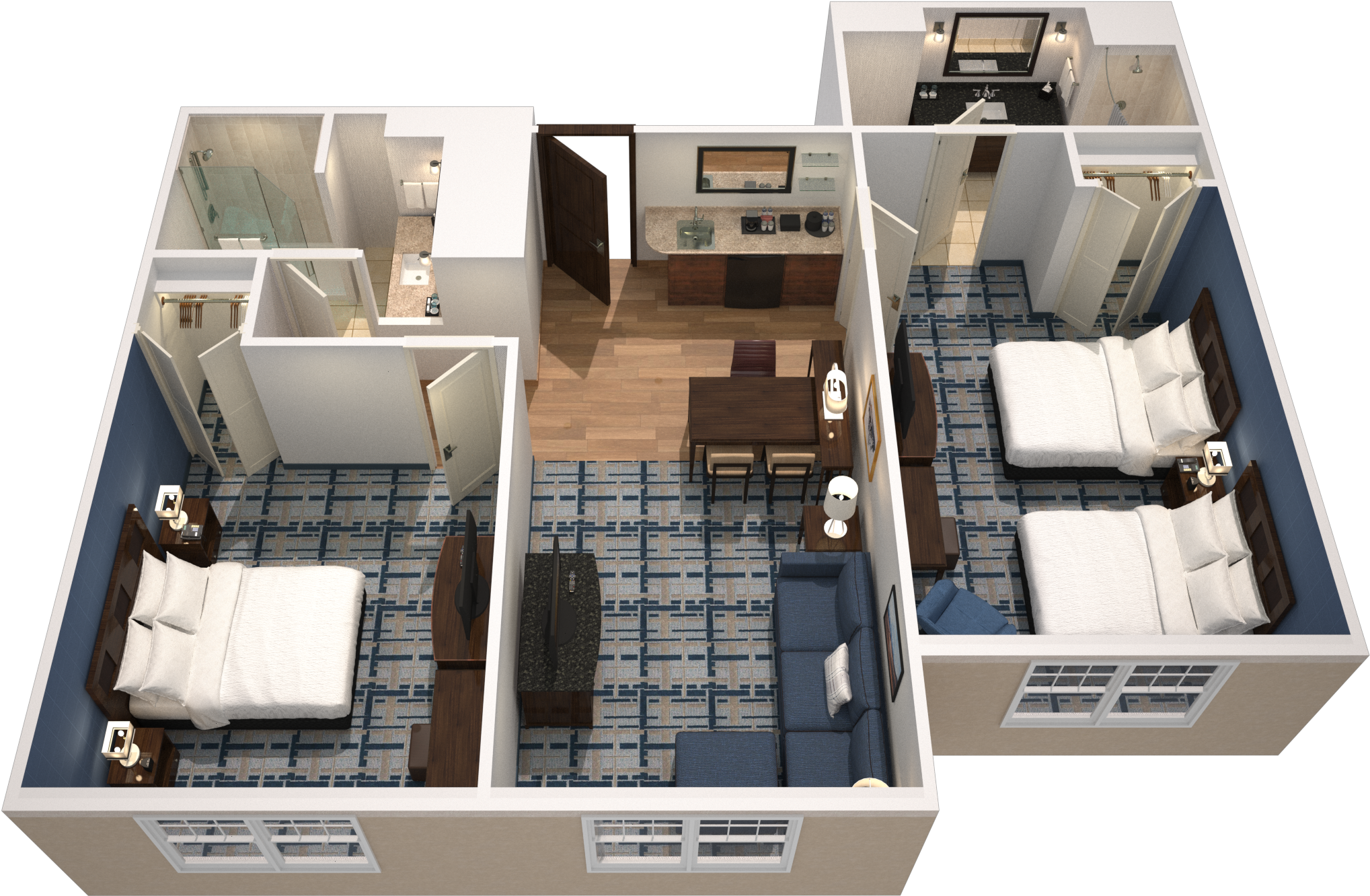 Two Bedroom Suite King And Queen/queen - 2 Bedroom Suite Floor Plan (3000x1380), Png Download