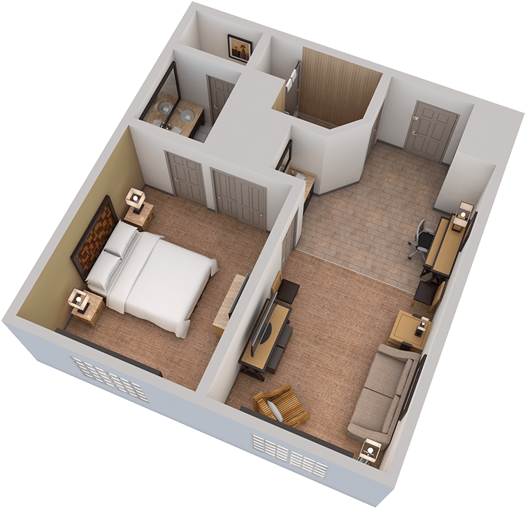 One King Bed Suite - Plantas De Casas Pequenas Com 2 Quartos 3d (1024x768), Png Download