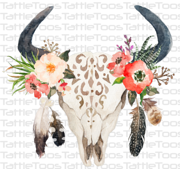 Lgprint - Cow Skull With Flowers And Feathers (580x544), Png Download
