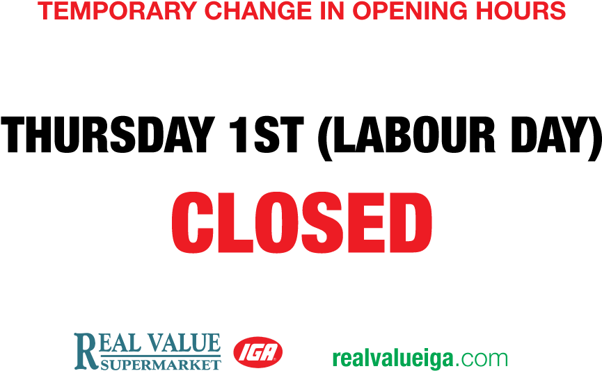 Closed For Labour Day - Iga (1008x612), Png Download