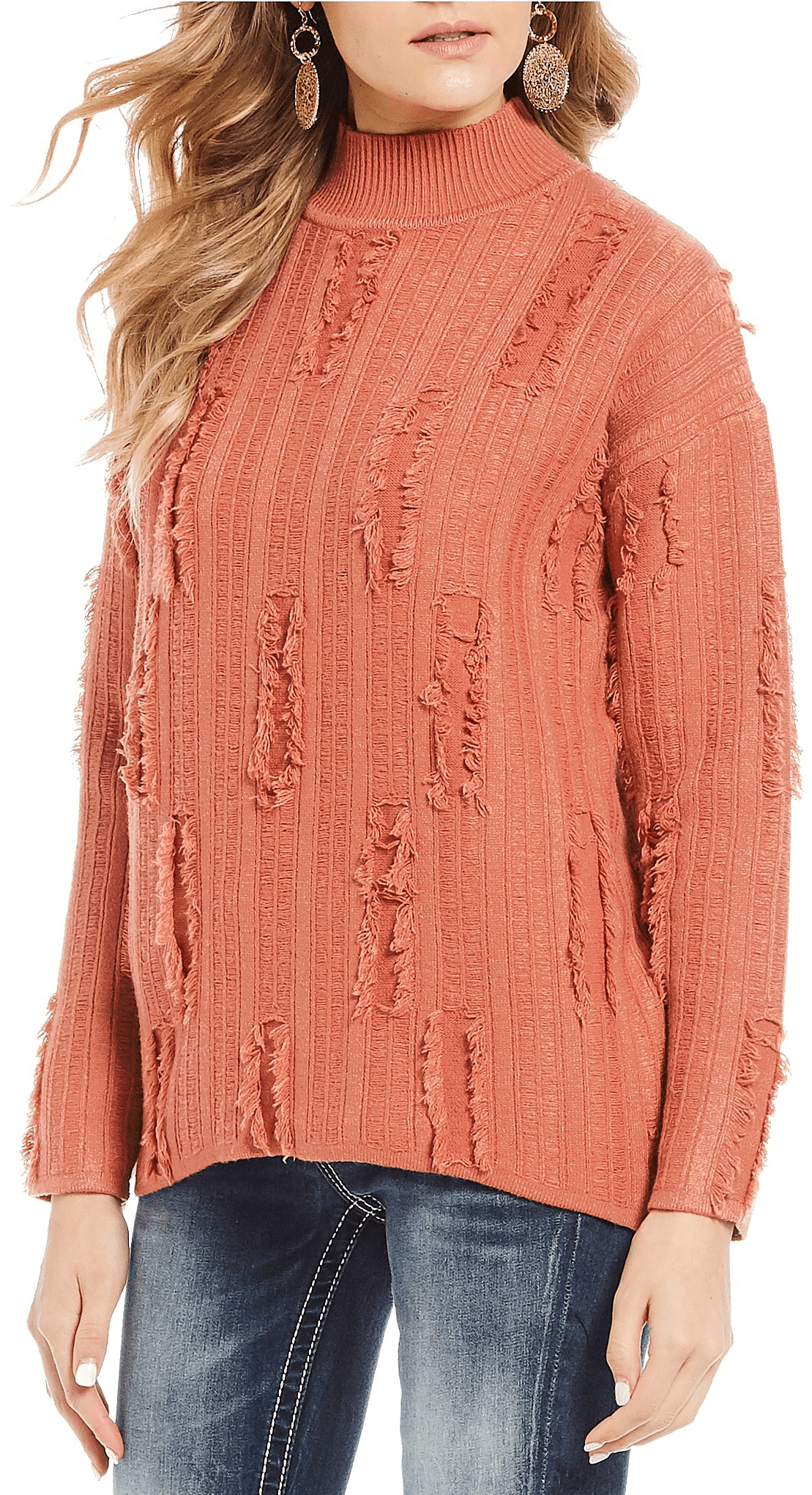 Miss Me Distressed Pattern Coral Sweater - Photo Shoot (1760x2040), Png Download