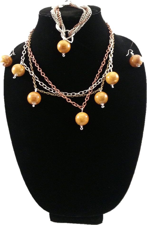 Silver Chain With Wooden Beads Necklace Set - Necklace (815x1087), Png Download