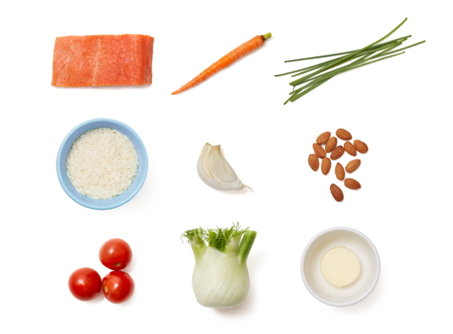 Seared Salmon & Tomato Fondue With Fennel Rice & Carrots - Natural Foods (700x477), Png Download