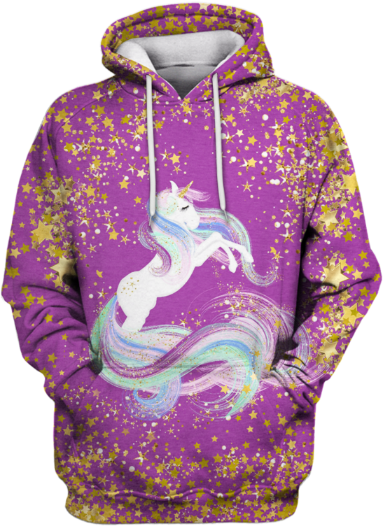 3d Golden Stars Around Unicorn Full Print T Shirt - Hoodie (800x799), Png Download