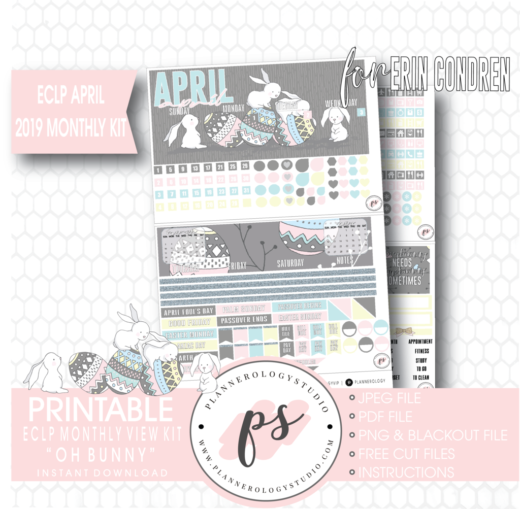 Oh Bunny April Easter 2019 Monthly View Kit Digital - Jan 2019 Printable Erin Condren (1024x1003), Png Download