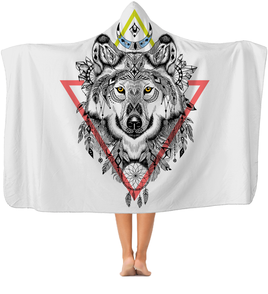 Tribal Wolf Premium Adult Hooded Blanket - Aztec Style Wolf (1024x1024), Png Download
