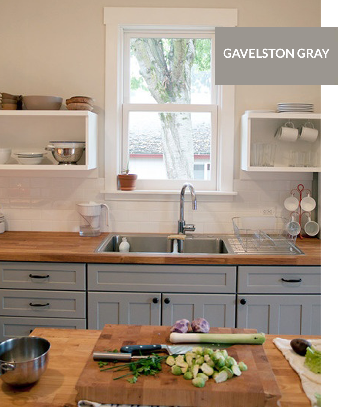 Benjamin Moore Gavelston-gray Wood Counter Tops Kitchen, - Gray Cabinet Butcher Block Counter (736x929), Png Download