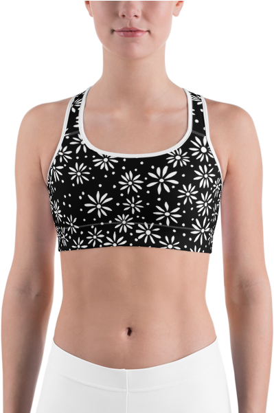 Black & White Daisy Pattern Sports Bra - Bra (600x600), Png Download