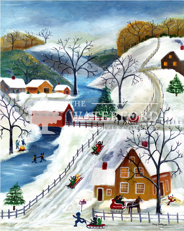 Folk Art Village Winter Painting (800x800), Png Download