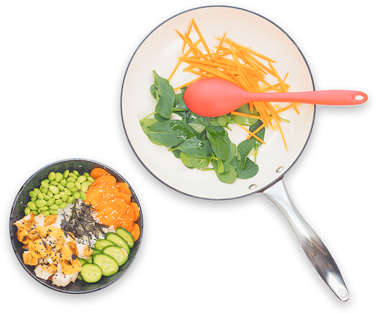 Food In A Pan And Chicken Poke Bowl - Salad (800x672), Png Download