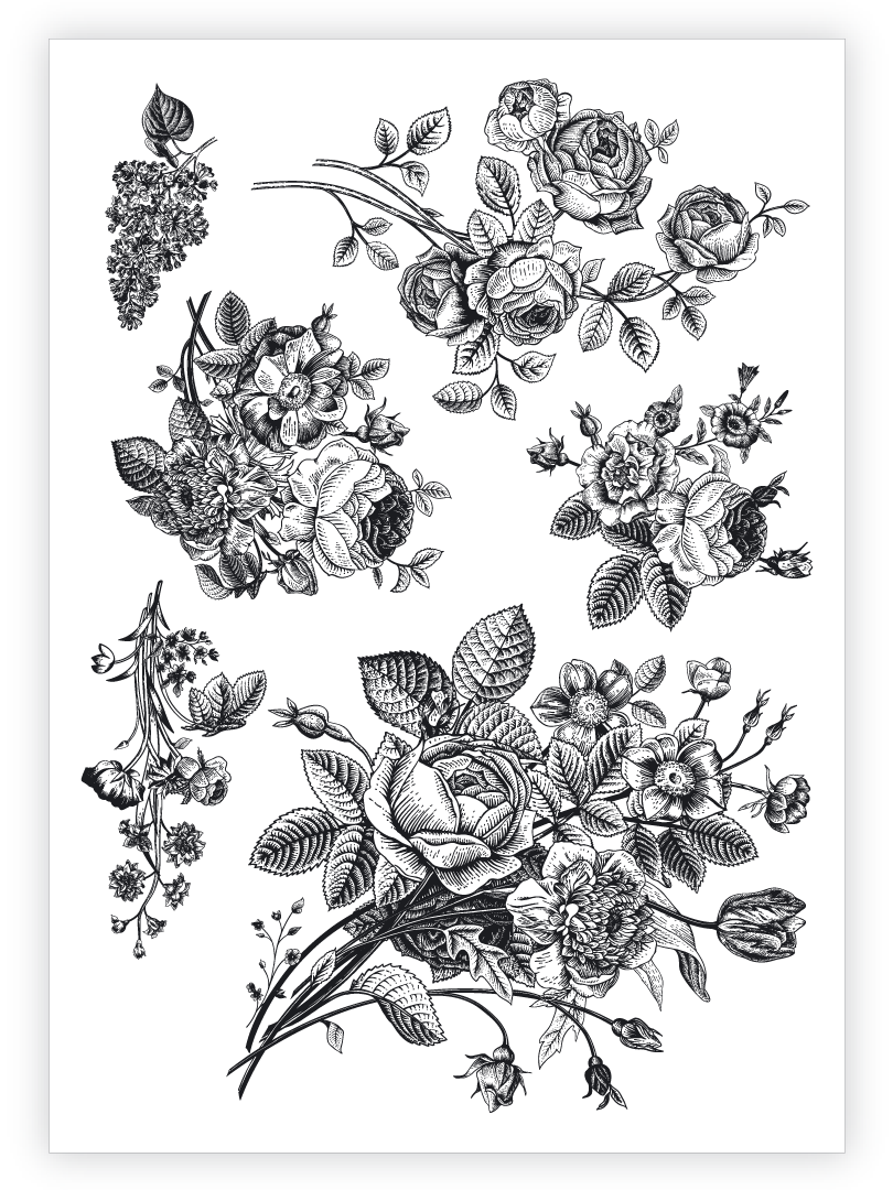 Vintage Flowers High Quality Temporary Tattoocs Set - Black Vintage Flowers Png (810x1080), Png Download