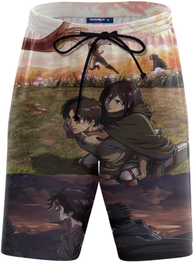 Attack On Titan Eren And Mikasa Piggy Back Ride Swim - Board Short (700x700), Png Download