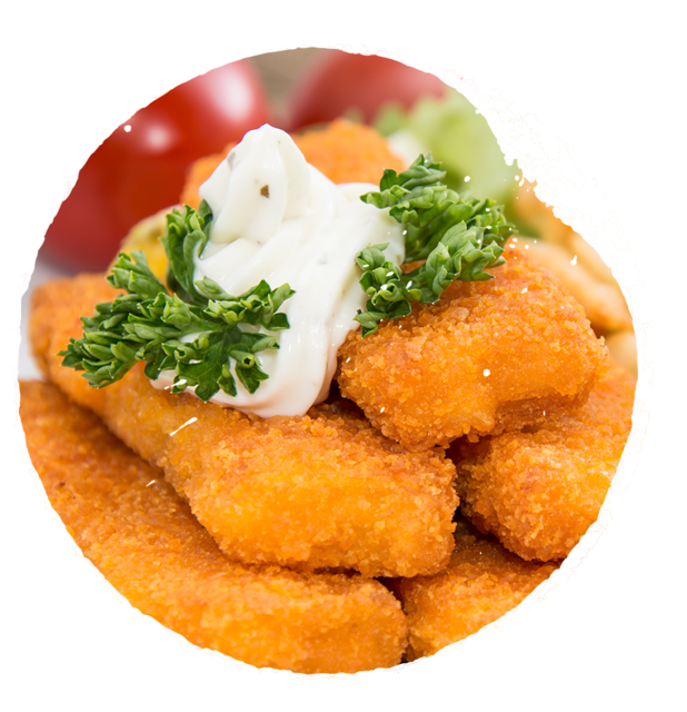 Fish Fingers With Remoulade And Chips On Wooden Background - Nugget Jamur Tiram (640x640), Png Download