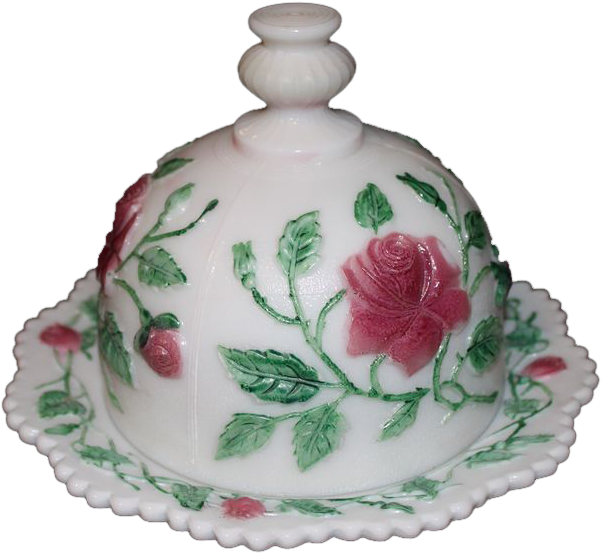 Imperial Open Rose Painted Milk Glass Butter Dish 1950s - Ceramic (600x600), Png Download